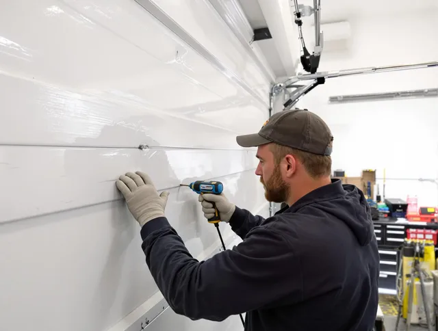 Manhattan Beach Garage Door Repair technician demonstrating precision dent removal techniques on a Manhattan Beach garage door