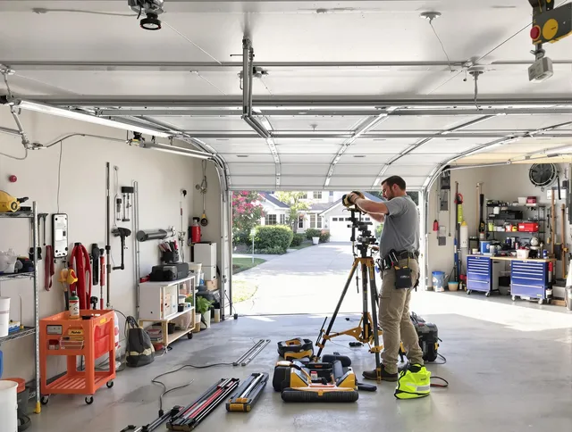 Manhattan Beach Garage Door Repair specialist performing laser-guided track alignment in Manhattan Beach